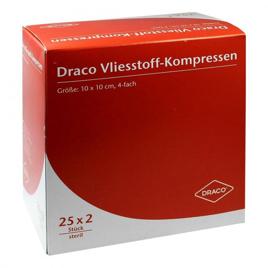 Das Produktfoto zeigt Vliesstoff-Kompressen Steril 10x10 Cm 4fach (25X2 stk) PZN 00679291