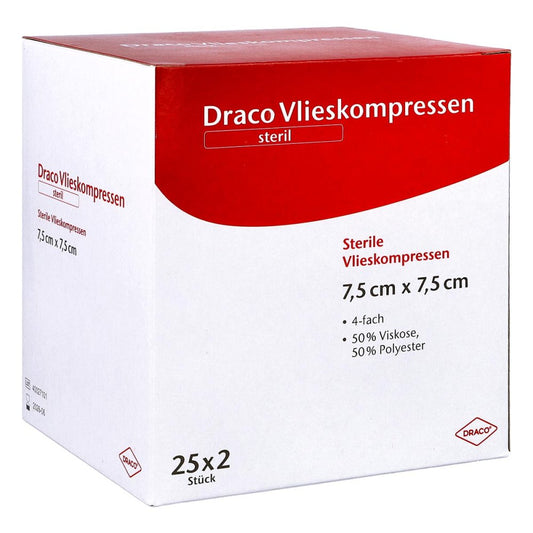 Das Produktfoto zeigt Vliesstoff-Kompressen Steril 7,5x7,5 Cm 4fach (25X2 stk) PZN 00679316