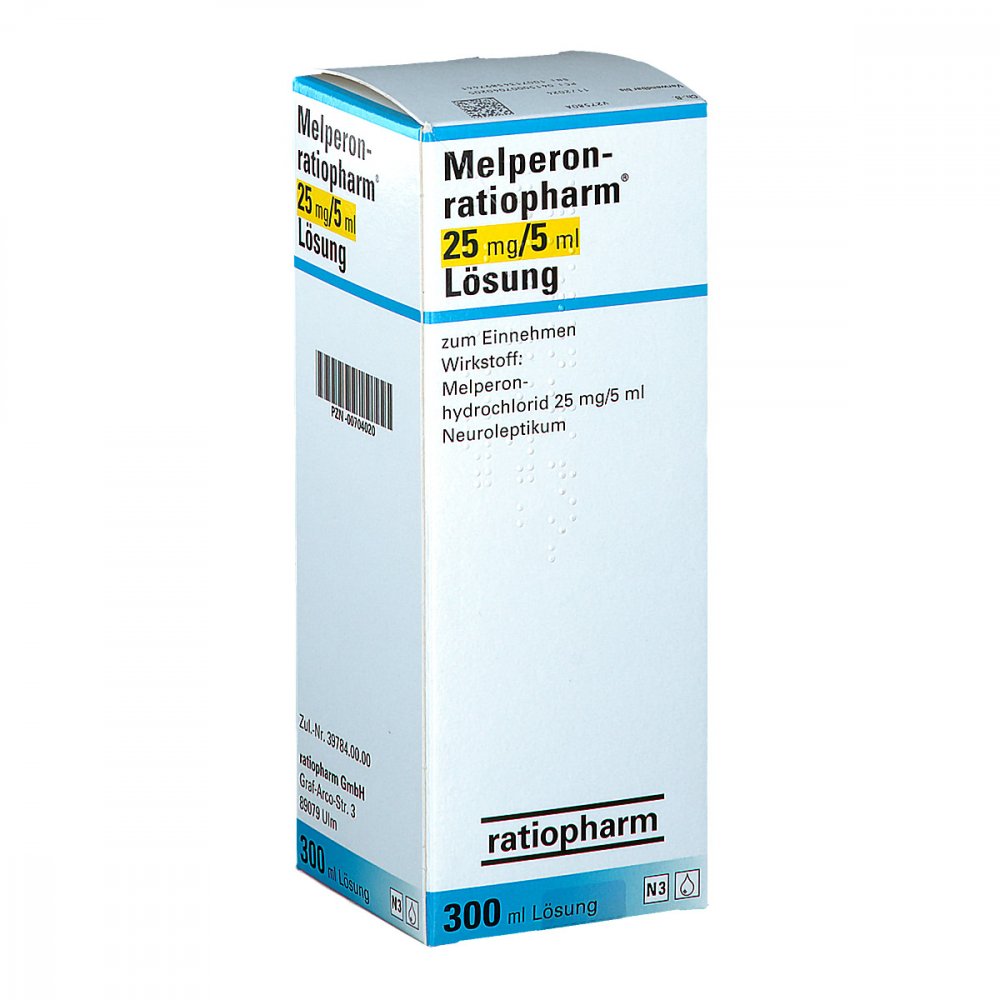 Das Produktfoto zeigt Melperon-Ratiopharm 25 Mg/5 Ml Lösung (300 ml) PZN 00704020