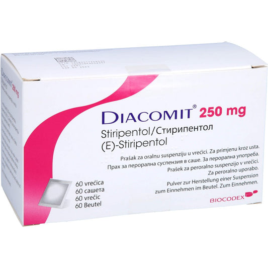 Das Produktfoto zeigt Diacomit 250 Mg Pulver Z.Herstell.E.Susp.Z.Einn. (60 stk) PZN 00724933