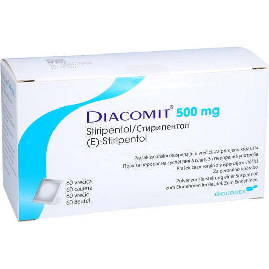 Das Produktfoto zeigt Diacomit 500 Mg Pulver Z.Herstell.E.Susp.Z.Einn. (60 stk) PZN 00724956