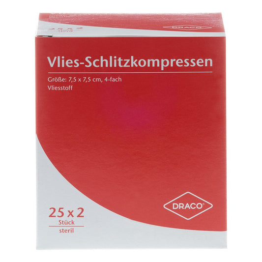 Das Produktfoto zeigt Schlitzkompressen Vlies 7,5x7,5 Cm Steril 4fach (25X2 stk) PZN 00749028