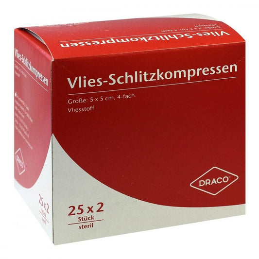 Das Produktfoto zeigt Schlitzkompressen Vlies 5x5 Cm Steril 4fach (25X2 stk) PZN 00749034