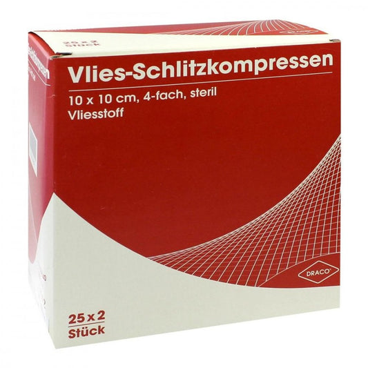Das Produktfoto zeigt Schlitzkompressen Vlies 10x10 Cm Steril 4fach (25X2 stk) PZN 00749040