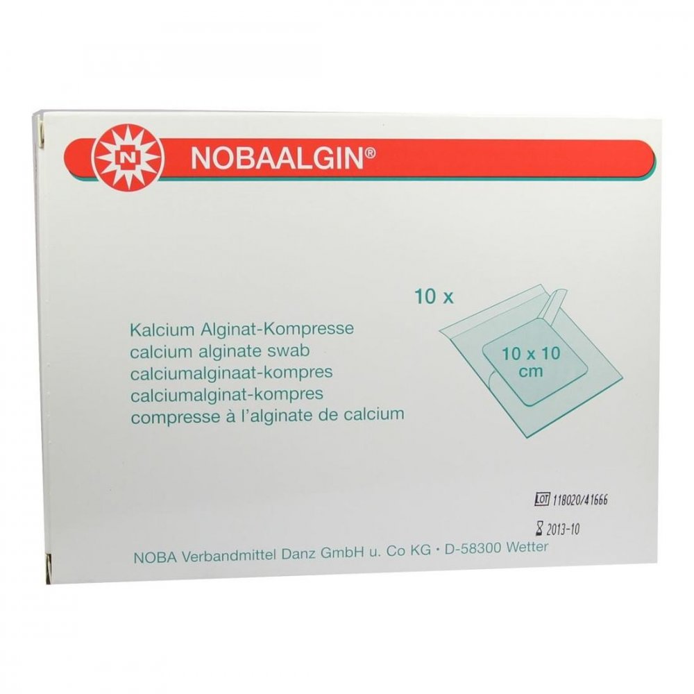 Das Produktfoto zeigt Nobaalgin Kompressen 10x10 Cm Steril (10 stk) PZN 00752177