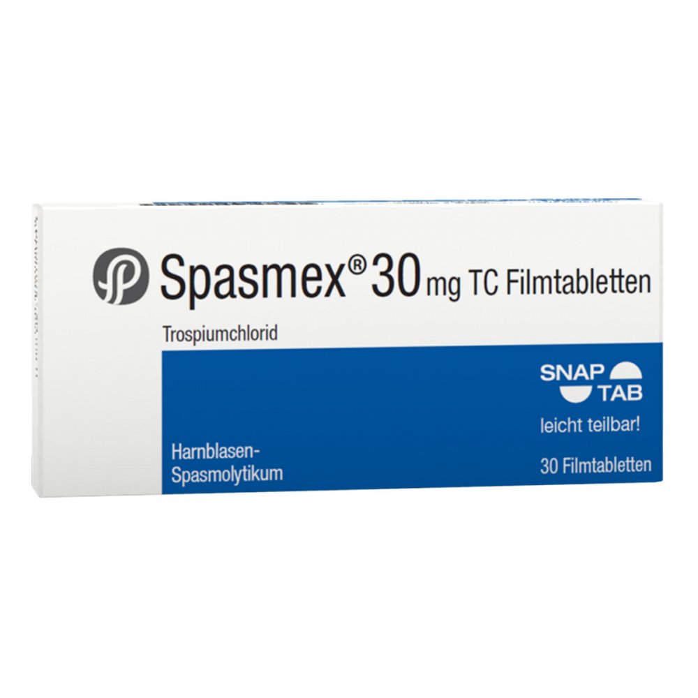 Das Produktfoto zeigt Spasmex 30 Mg Tc Filmtabletten (30 stk) PZN 00759877