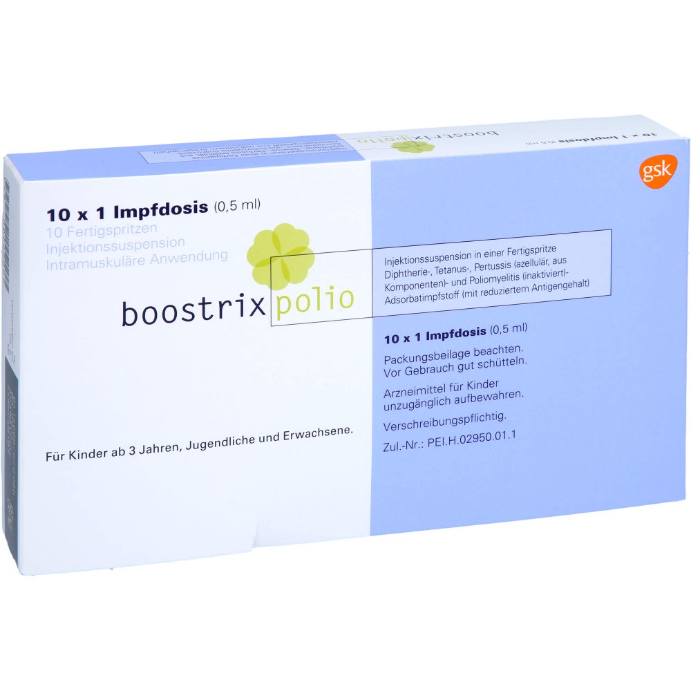 Das Produktfoto zeigt Boostrix Polio Inj.-Susp.I.E.Fertigspr.O.Kanüle (10X0.5 ml) PZN 00762098