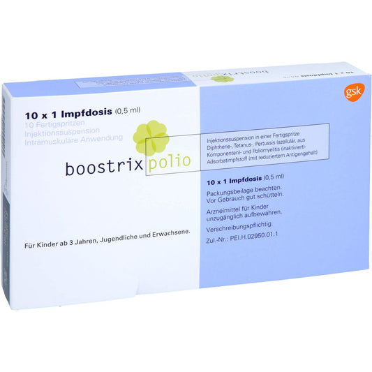 Das Produktfoto zeigt Boostrix Polio Inj.-Susp.I.E.Fertigspr.O.Kanüle (10X0.5 ml) PZN 00762098