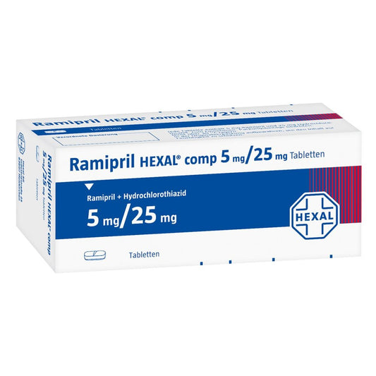 Das Produktfoto zeigt Ramipril Hexal Comp. 5 Mg/25 Mg Tabletten (100 stk) PZN 00762678