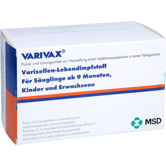 Das Produktfoto zeigt Varivax Fertigspritze Ohne Kanüle (10X0.5 ml) PZN 00766647