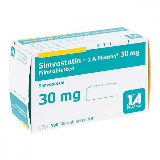 Das Produktfoto zeigt Simvastatin-1a Pharma 30 Mg Filmtabletten (100 stk) PZN 00766788