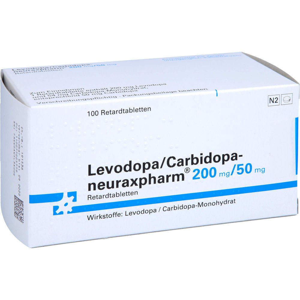 Das Produktfoto zeigt Levodopa/Carbidopa-Neuraxpharm 200/50 Mg Ret.-Tab. (100 stk) PZN 00772257