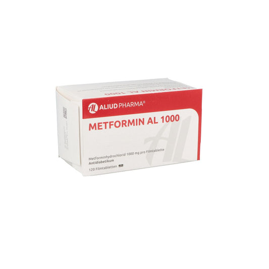 Das Produktfoto zeigt Metformin Al 1000 Mg Filmtabletten (120 stk) PZN 00795028