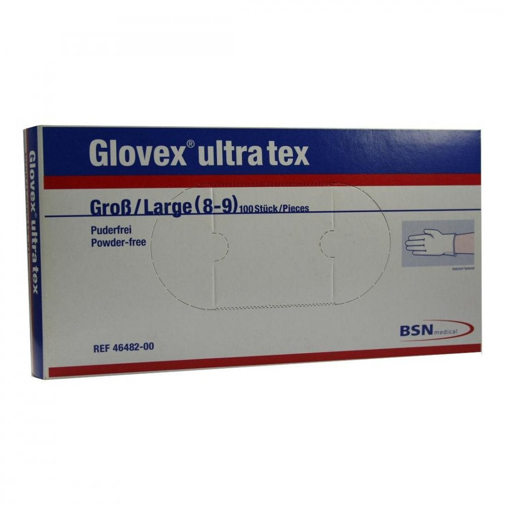 Das Produktfoto zeigt Glovex Ultra Tex Handsch.Puderfr.Groß (100 stk) PZN 00808512