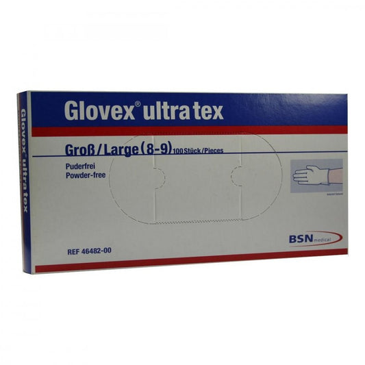 Das Produktfoto zeigt Glovex Ultra Tex Handsch.Puderfr.Groß (100 stk) PZN 00808512