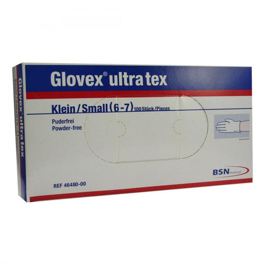 Das Produktfoto zeigt Glovex Ultra Tex Handsch.Puderfr.Klein (100 stk) PZN 00808535
