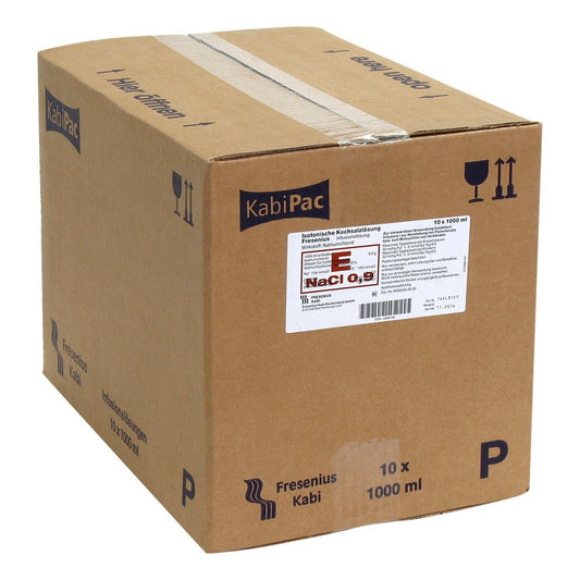 Das Produktfoto zeigt Kochsalzlösung 0,9% Plastikfl.Fresenius (10X1000 ml) PZN 00809138