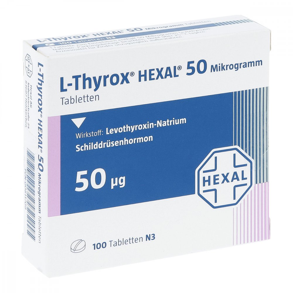 Das Produktfoto zeigt L-Thyrox Hexal 50 Mikrogramm Tabletten (100 stk) PZN 00811709