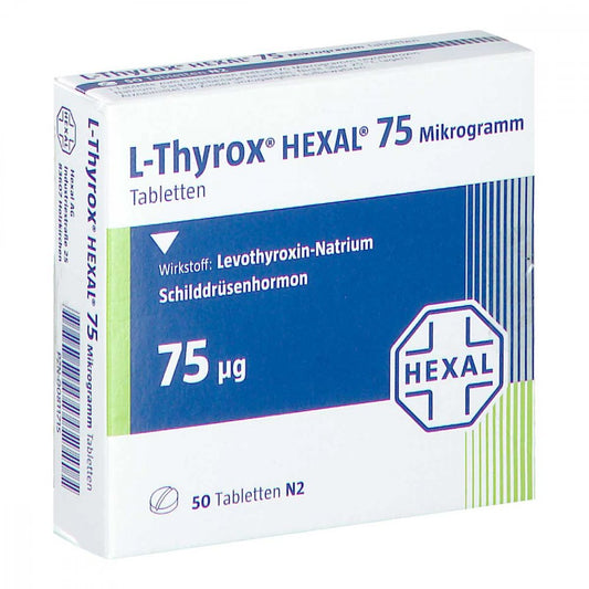 Das Produktfoto zeigt L-Thyrox Hexal 75 Mikrogramm Tabletten (50 stk) PZN 00811715