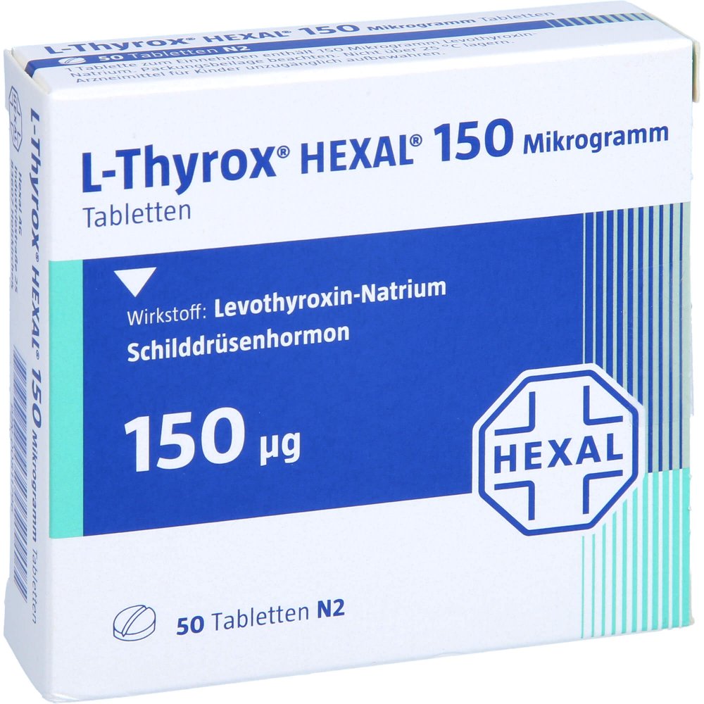 Das Produktfoto zeigt L-Thyrox Hexal 150 Mikrogramm Tabletten (50 stk) PZN 00811796