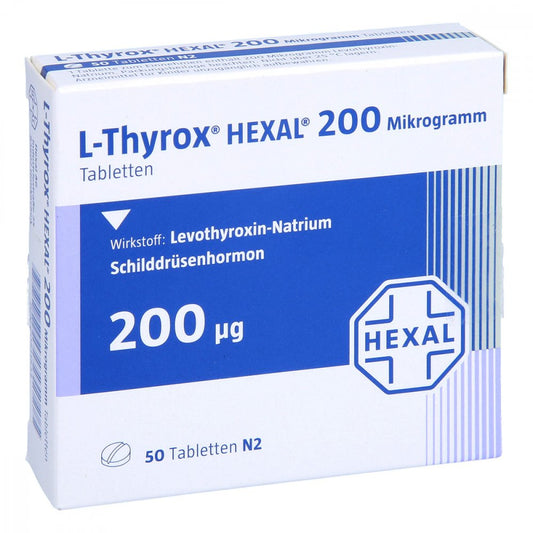 Das Produktfoto zeigt L-Thyrox Hexal 200 Mikrogramm Tabletten (50 stk) PZN 00811833