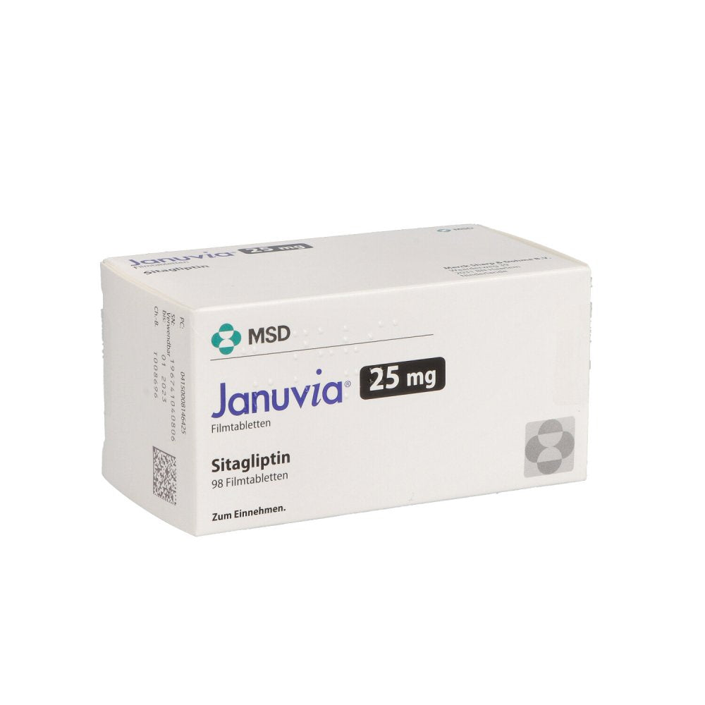 Das Produktfoto zeigt Januvia 25 Mg Filmtabletten (98 stk) PZN 00814642