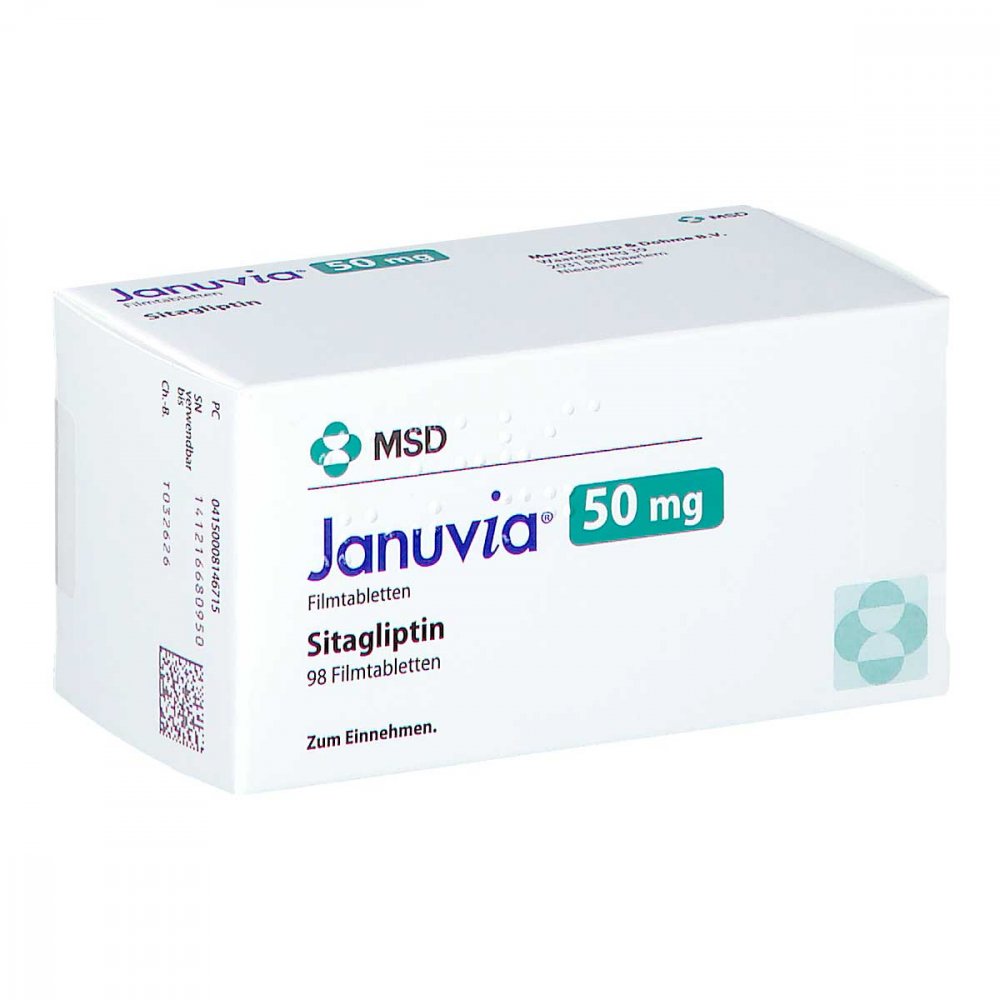 Das Produktfoto zeigt Januvia 50 Mg Filmtabletten (98 stk) PZN 00814671