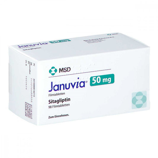 Das Produktfoto zeigt Januvia 50 Mg Filmtabletten (98 stk) PZN 00814671