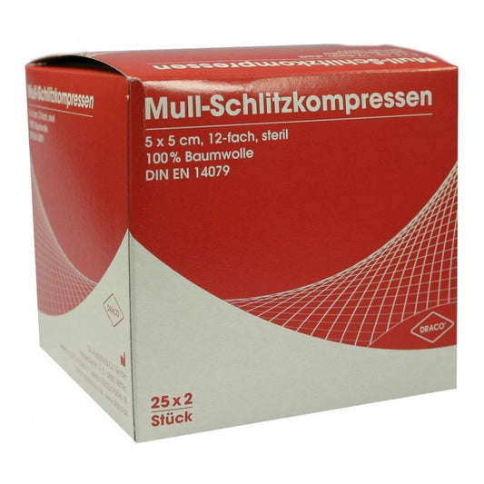 Das Produktfoto zeigt Schlitzkompressen Mull 5x5 Cm Steril 12fach (25X2 stk) PZN 00816204