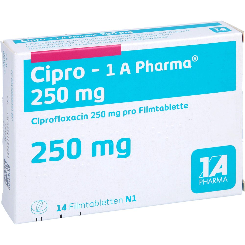 Das Produktfoto zeigt Cipro-1a Pharma 250 Mg Filmtabletten (14 stk) PZN 00819148