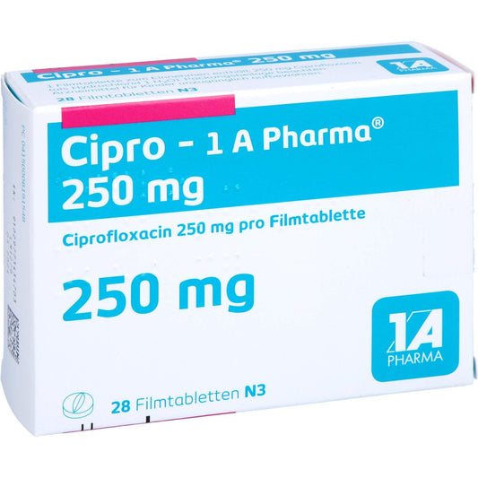 Das Produktfoto zeigt Cipro-1a Pharma 250 Mg Filmtabletten (28 stk) PZN 00819154