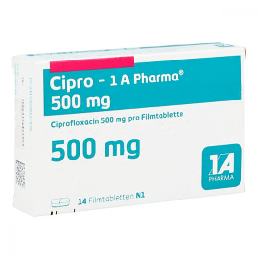Das Produktfoto zeigt Cipro-1a Pharma 500 Mg Filmtabletten (14 stk) PZN 00819183