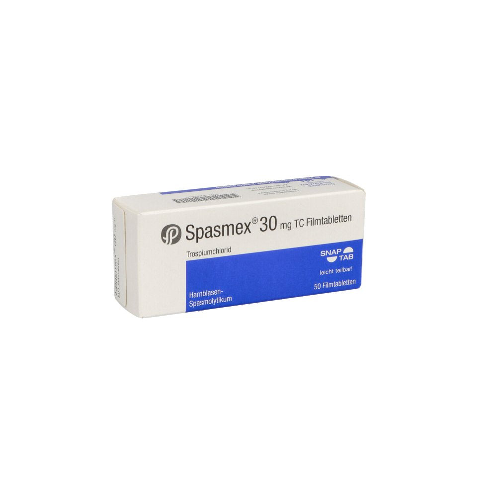 Das Produktfoto zeigt Spasmex 30 Mg Tc Filmtabletten (50 stk) PZN 00821659
