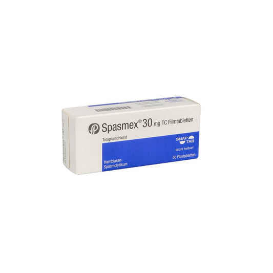 Das Produktfoto zeigt Spasmex 30 Mg Tc Filmtabletten (50 stk) PZN 00821659