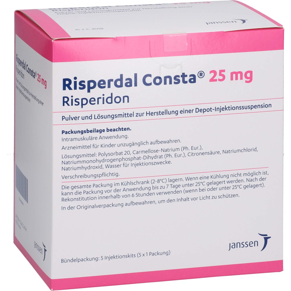 Das Produktfoto zeigt Risperdal Consta 25 Mg Plv.U.Lm H.Depot-Inj.-Susp. (5 stk) PZN 00822676