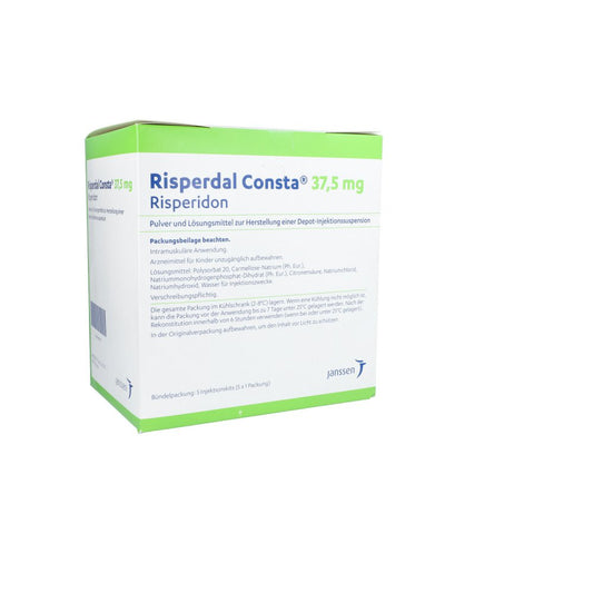 Das Produktfoto zeigt Risperdal Consta 37,5 Mg P.U.Lm H.Dep.-Inj.-Susp. (5 stk) PZN 00822788
