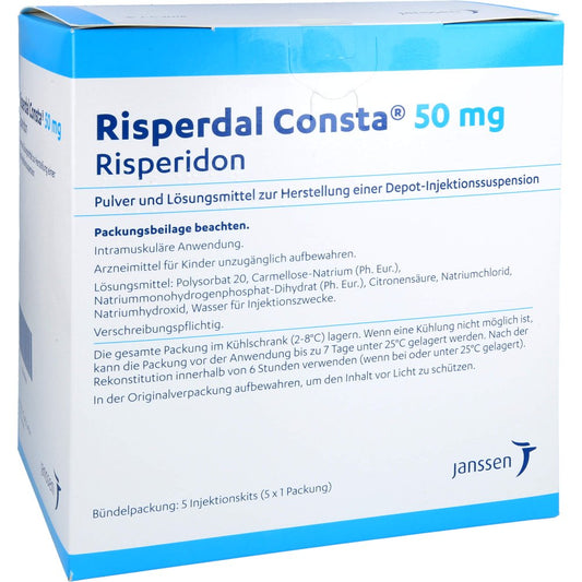 Das Produktfoto zeigt Risperdal Consta 50 Mg Plv.U.Lm H.Depot-Inj.-Susp. (5 stk) PZN 00822819
