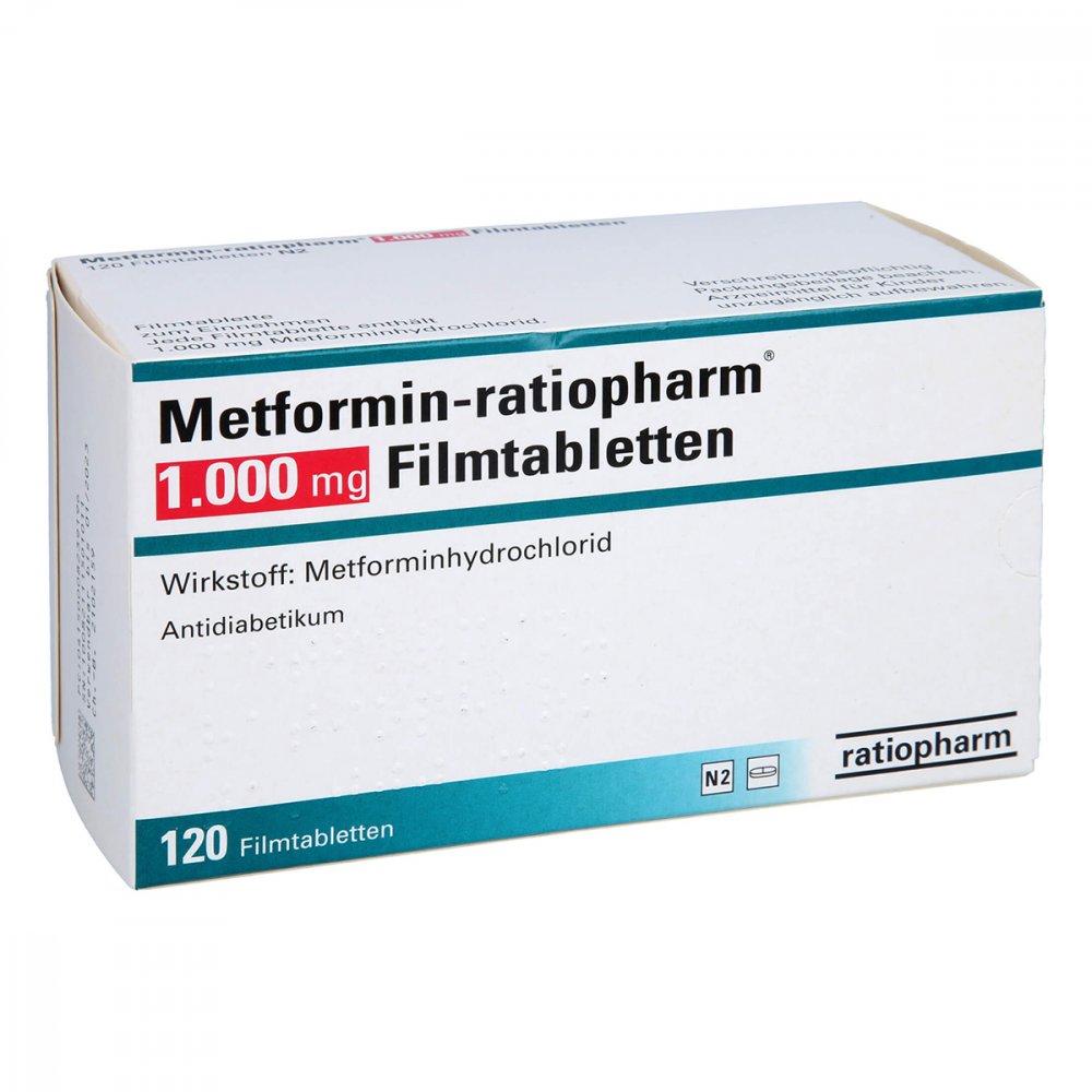 Das Produktfoto zeigt Metformin-Ratiopharm 1.000 Mg Filmtabletten (120 stk) PZN 00823919