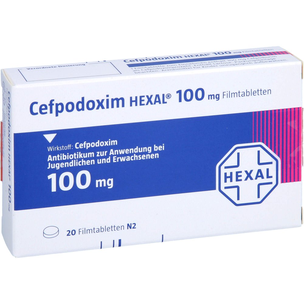 Das Produktfoto zeigt Cefpodoxim Hexal 100 Mg Filmtabletten (20 stk) PZN 00826237