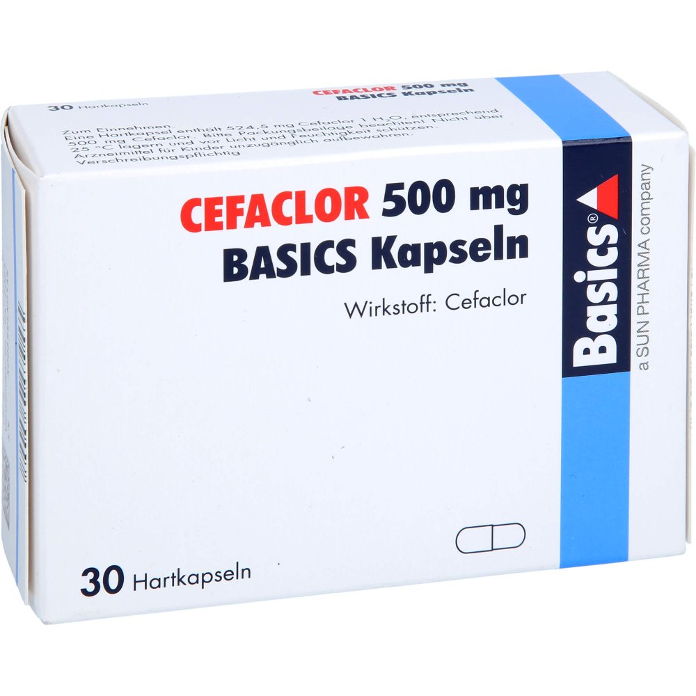 Das Produktfoto zeigt Cefaclor 500 Mg Basics Hartkapseln (30 stk) PZN 00832404