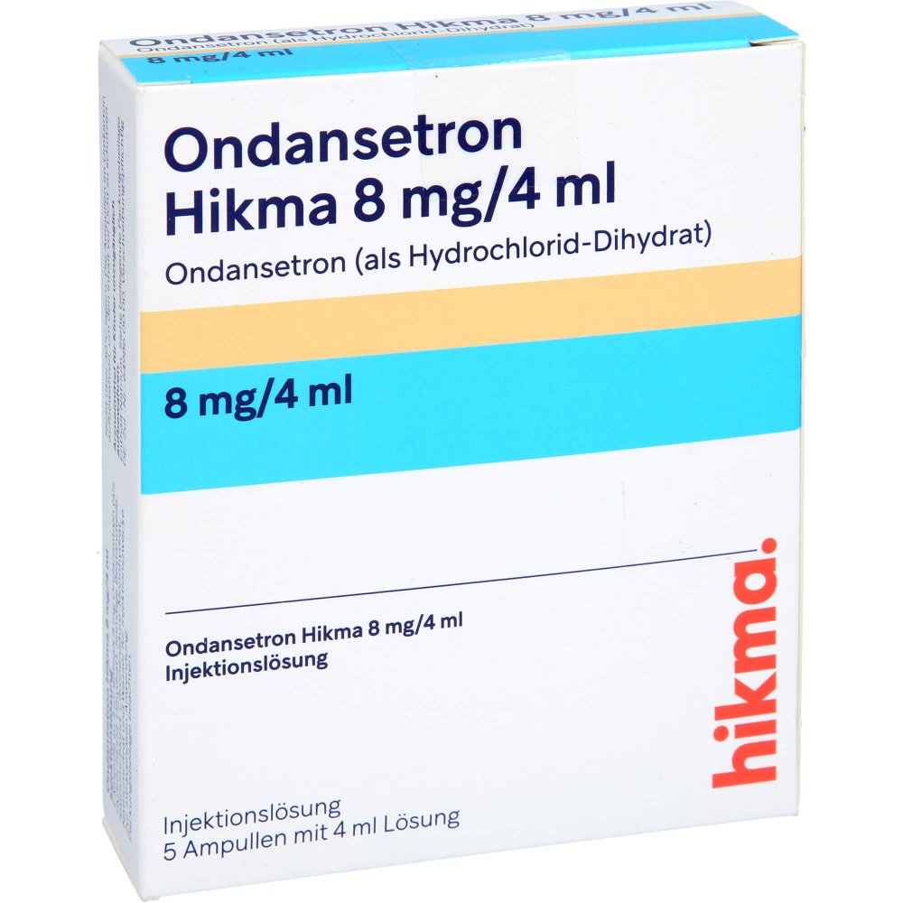 Das Produktfoto zeigt Ondansetron Hikma 8 Mg/4 Ml Injektionslösung Amp. (5 stk) PZN 00832574