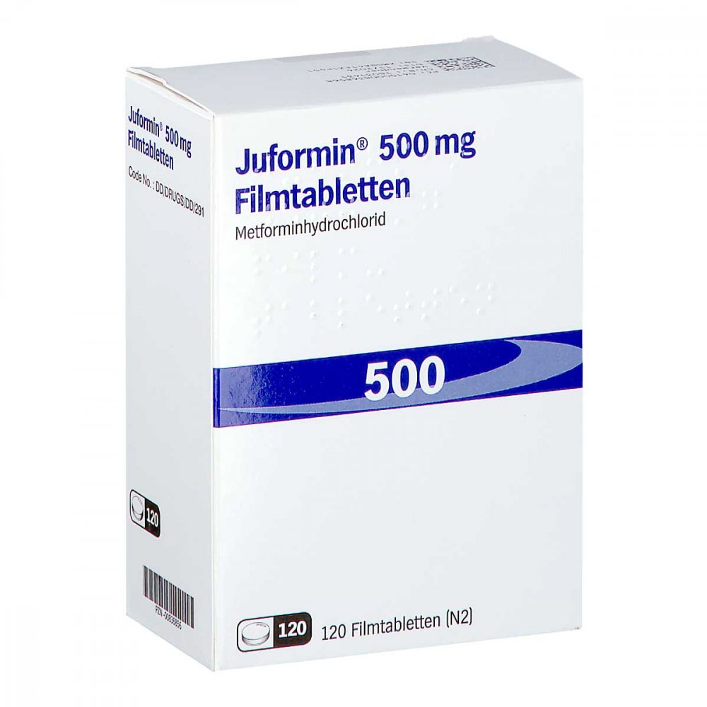 Das Produktfoto zeigt Juformin 500 Mg Filmtabletten (120 stk) PZN 00836856