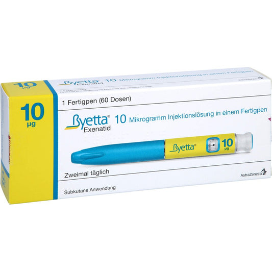 Das Produktfoto zeigt Byetta 10 Μg Injektionslösung I.E.Fertigpen (1 stk) PZN 00839027