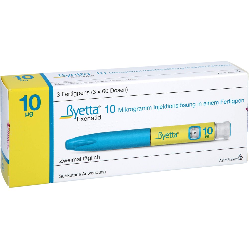 Das Produktfoto zeigt Byetta 10 Μg Injektionslösung I.E.Fertigpen (3 stk) PZN 00839139