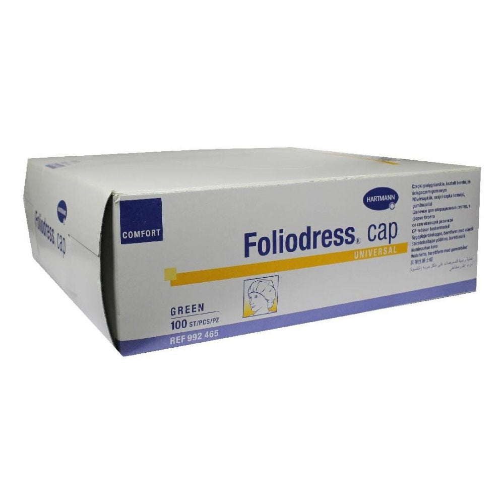 Das Produktfoto zeigt Foliodress Cap Comfort Universal Grün Op-Hauben (100 stk) PZN 00840102