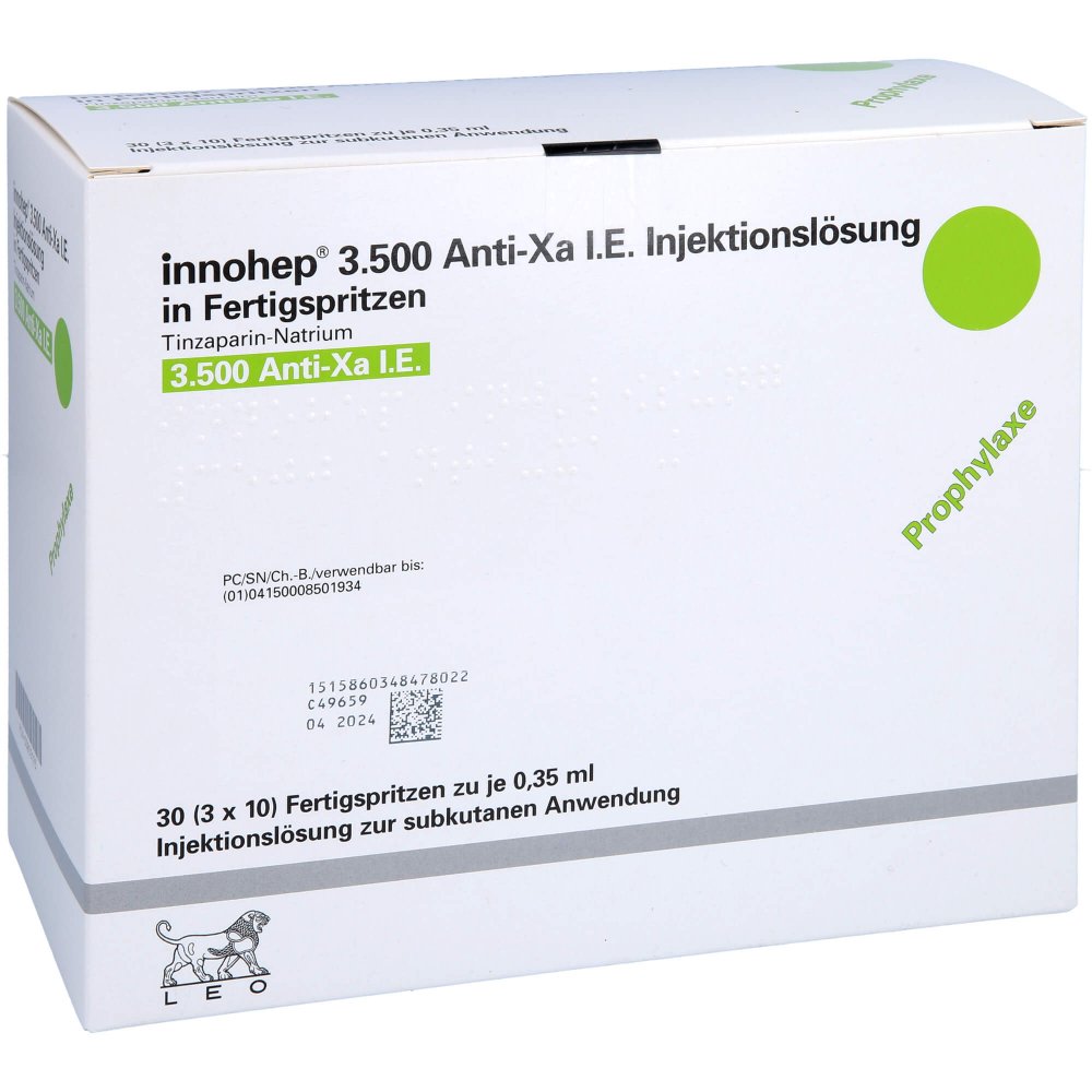 Das Produktfoto zeigt Innohep 3.500 Anti-Xa I.E./0,35ml Inj.-Lsg.I.E.Fs (30X0.35 ml) PZN 00850193
