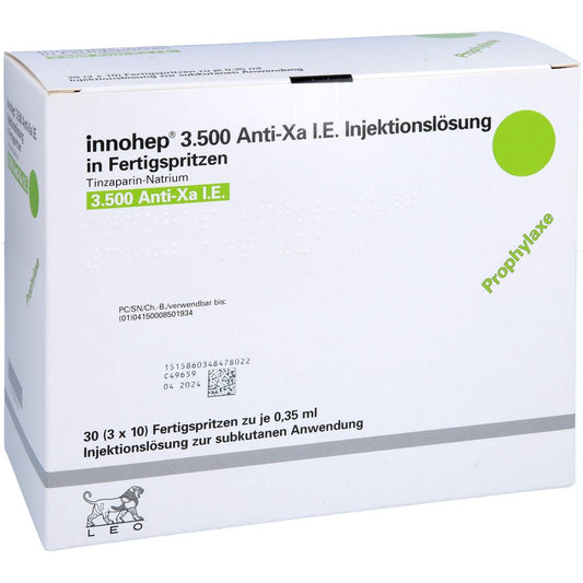 Das Produktfoto zeigt Innohep 3.500 Anti-Xa I.E./0,35ml Inj.-Lsg.I.E.Fs (30X0.35 ml) PZN 00850193