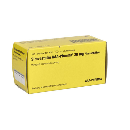 Das Produktfoto zeigt Simvastatin 20 Aaa-Pharma Filmtabletten (100 stk) PZN 00850276