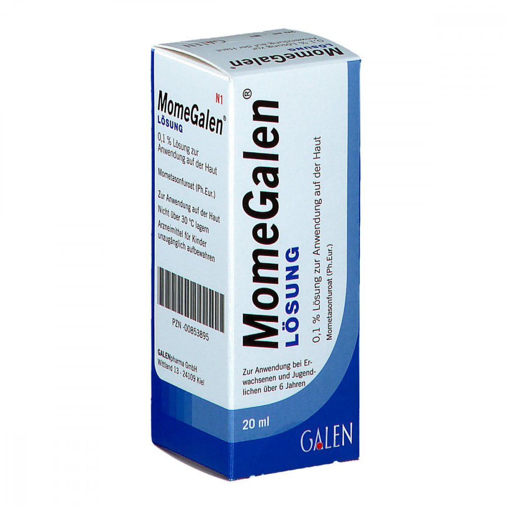 Das Produktfoto zeigt Momegalen Lösung 0,1% Zur Anwendung Auf Der Haut (20 ml) PZN 00853895