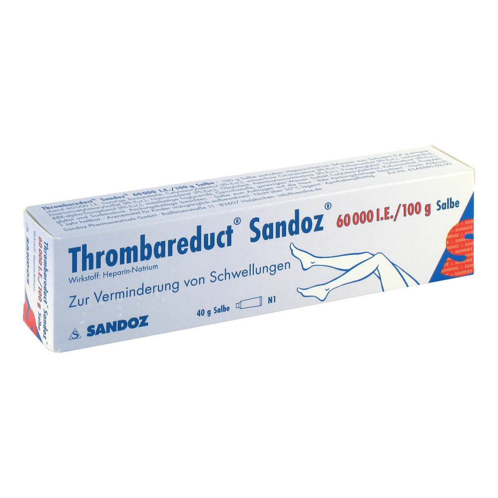 Das Produktfoto zeigt Thrombareduct Sandoz 60.000 I.E. Salbe (40 g) PZN 00855581
